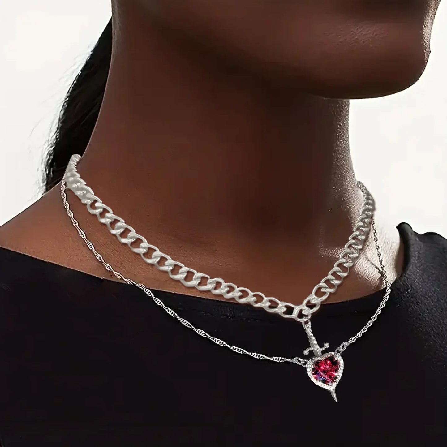 Heart and Sword Zircon Pendant Necklace