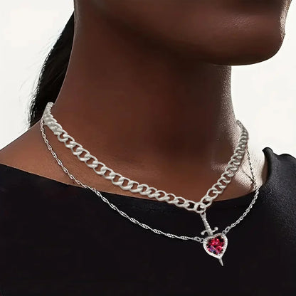 Heart and Sword Zircon Pendant Necklace