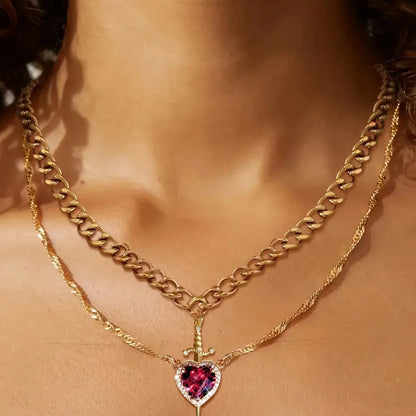 Heart and Sword Zircon Pendant Necklace