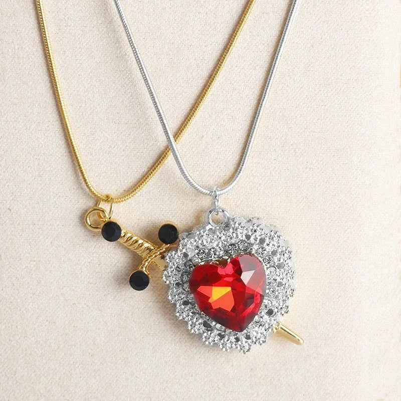 Heart and Sword Zircon Pendant Necklace