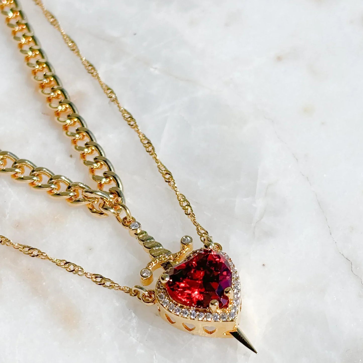 Heart and Sword Zircon Pendant Necklace