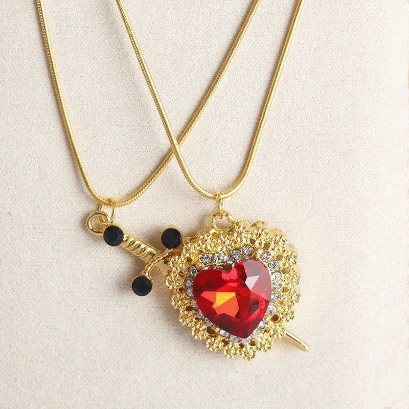Heart and Sword Zircon Pendant Necklace
