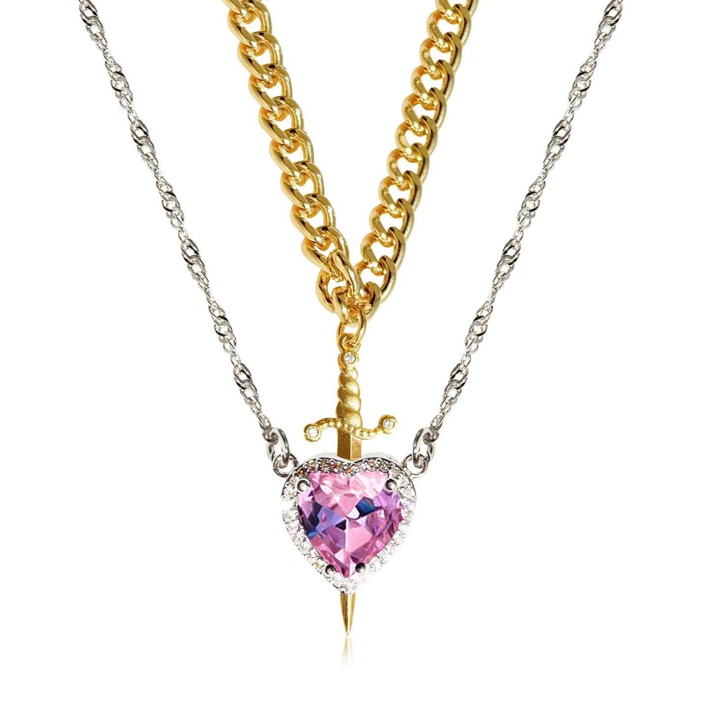 Heart and Sword Zircon Pendant Necklace