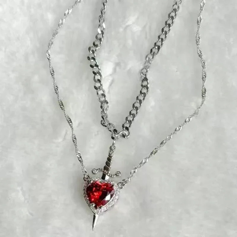 Heart and Sword Zircon Pendant Necklace