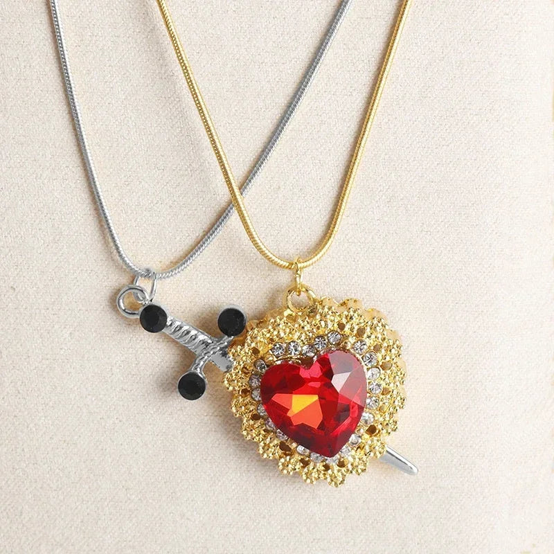 Heart and Sword Zircon Pendant Necklace